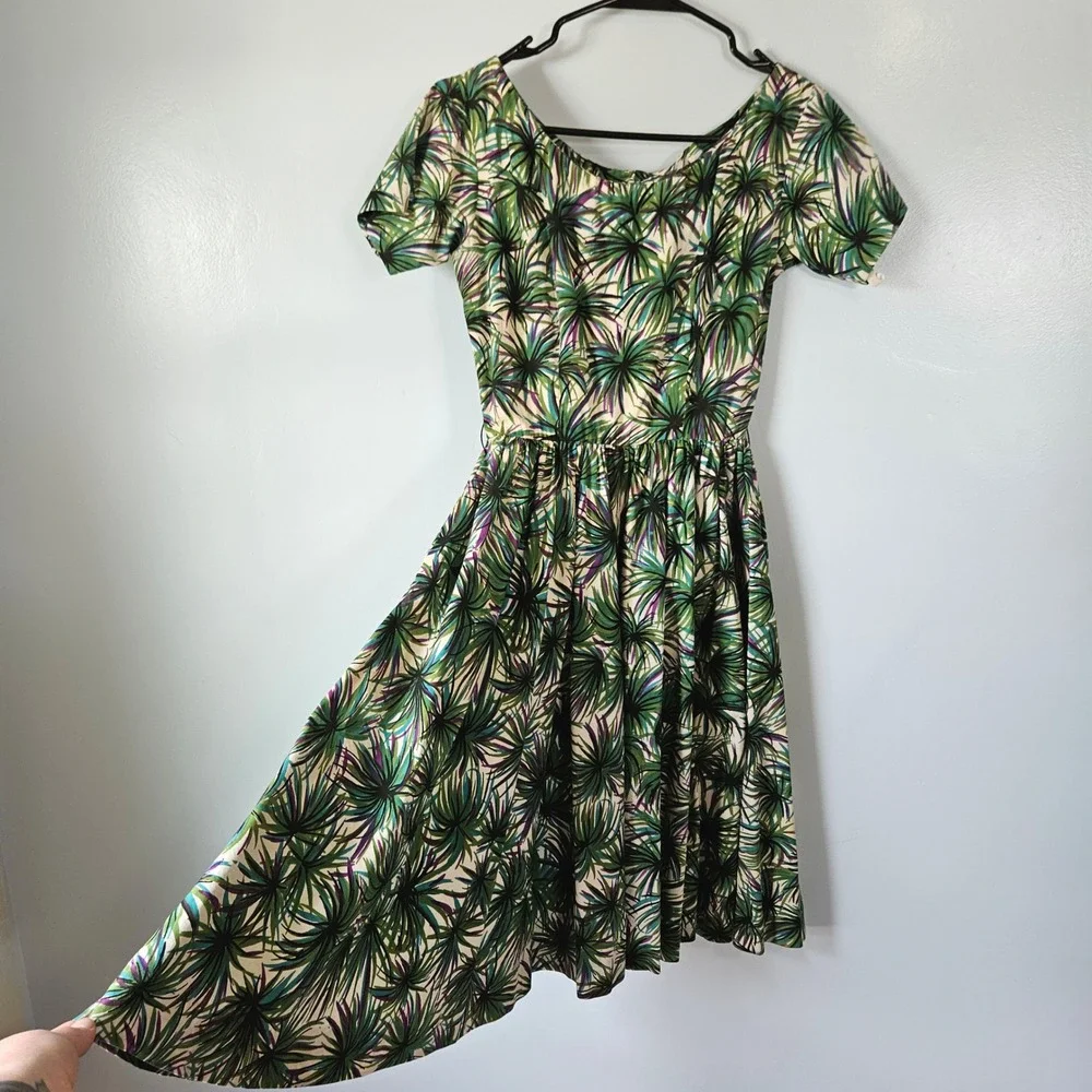 Anne Fogarty Vtg 50s 60s Tropical Palm Leaf Hawaiian Fit Flare Dress Green XS - Picture 2 of 8